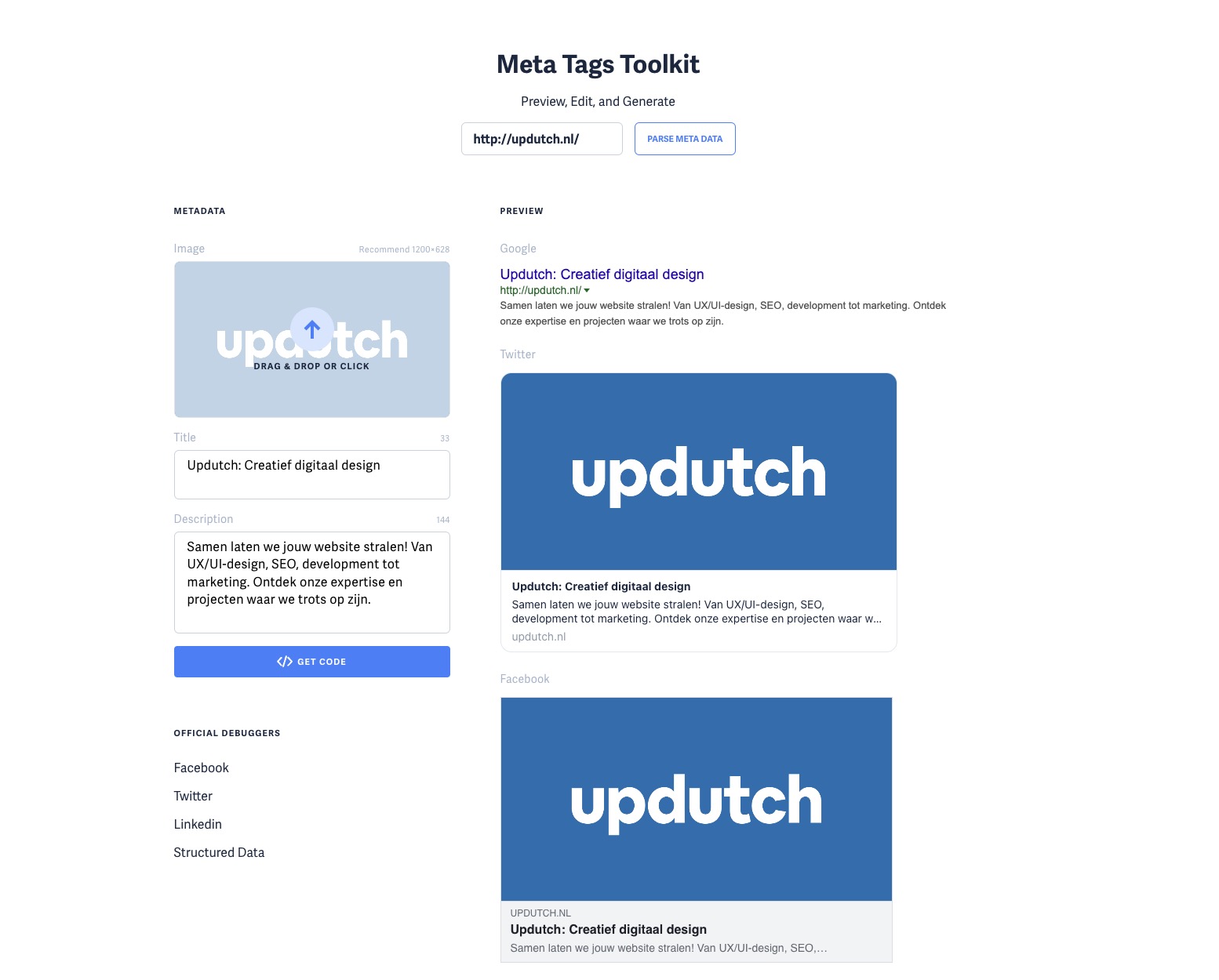 Voorbeeld van de Updutch site in de Metatags pagina
